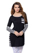Black Striped Patchwork Insert Long Sleeve Blouse Top